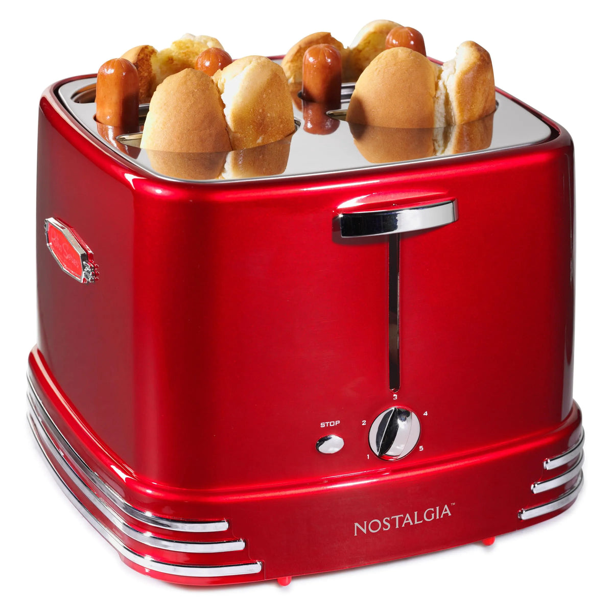 Grille-pain, Nostalgia à Hot-Dogs et Petits Pains à 4 Fentes, Mini Pinces, Poulet, Dinde, Liens de Légumes, Saucisses et Brats, Rouge Métallique