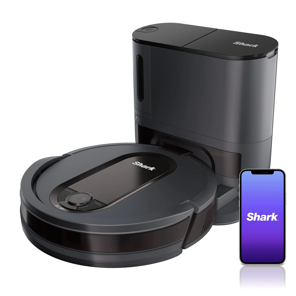 Aspirateur robot Shark, Rv912S Ez, Sans Sac, Nettoyage Rangée par Rangée, les Poils d'Animaux, Compatible, Alexa, Gris Foncé, Wi-Fi
