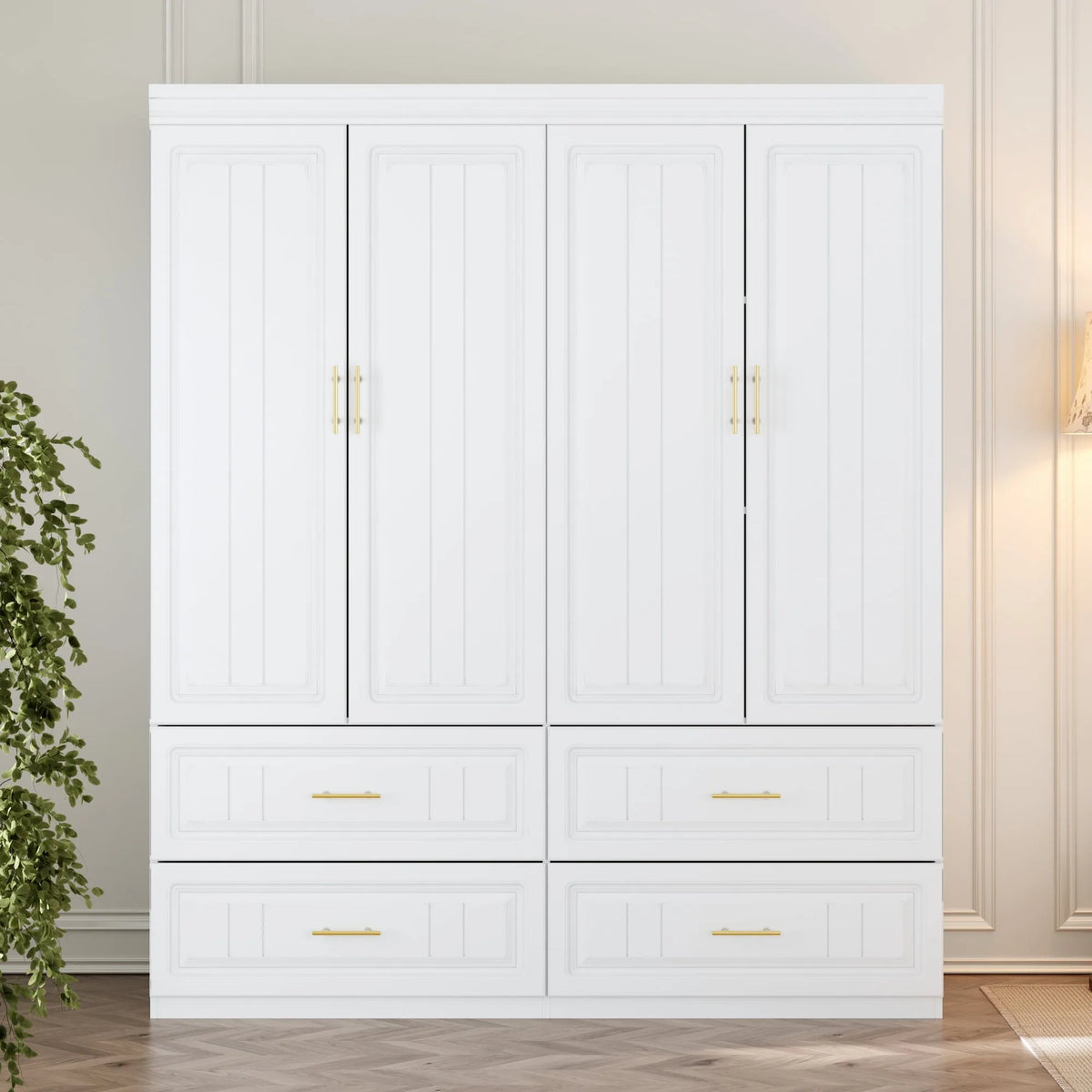 Armoire de rangement, 93,3 Po, Garde-Robe à 4 Portes, 3 po H, Placard, Tablettes et Tiroirs, Tringle pour Chambre, Blanc, 93,3 Po H