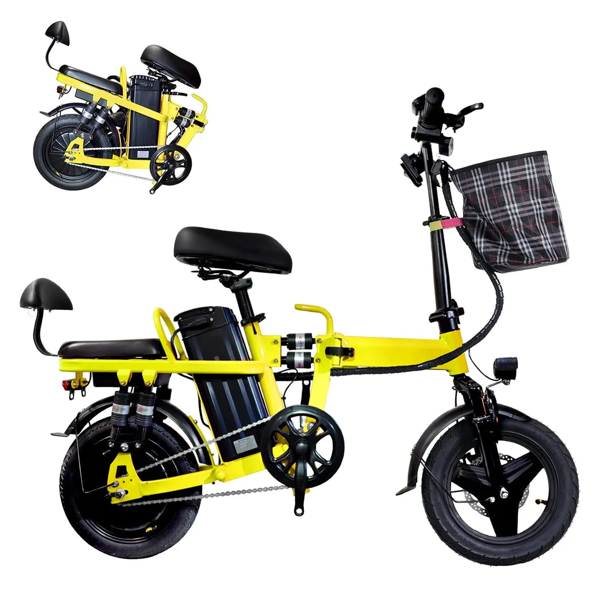Vélo électrique, Pliant 14 Pouces avec Panier avant 500W Crête 750W 20 Mi/h jusqu'à 50 Mi avec Batterie Amovible Selle Réglable LCD pour Adulte Jaune