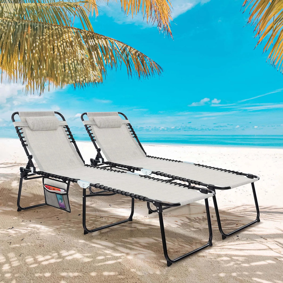 Chaise longue, 2 Pcs Pliante Portable Bain de Soleil, Dossier Réglable Gris
