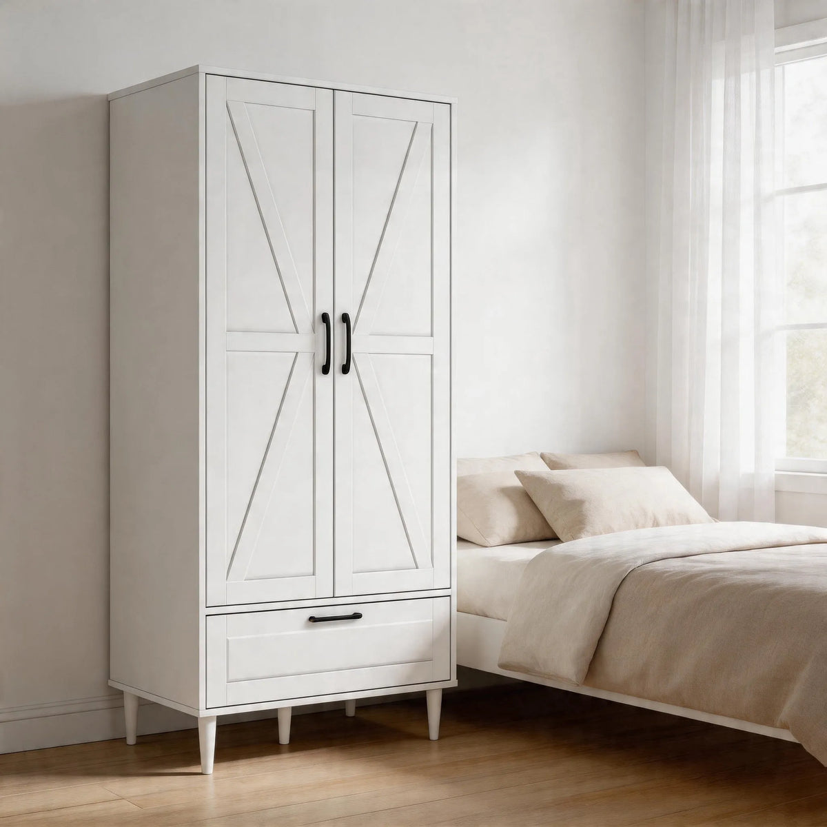 Armoire, 2 Portes en x, 27.5 pouces L x 18 pouces P x 59.4 pouces H, Tablettes et Tiroir, Armoire Autoportante en Bois pour Chambre