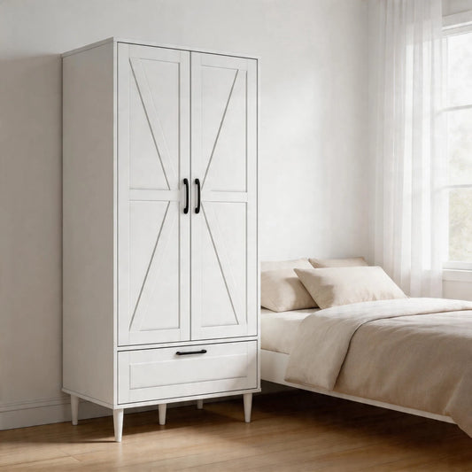 Armoire, 2 Portes en x, 27.5 pouces L x 18 pouces P x 59.4 pouces H, Tablettes et Tiroir, Armoire Autoportante en Bois pour Chambre