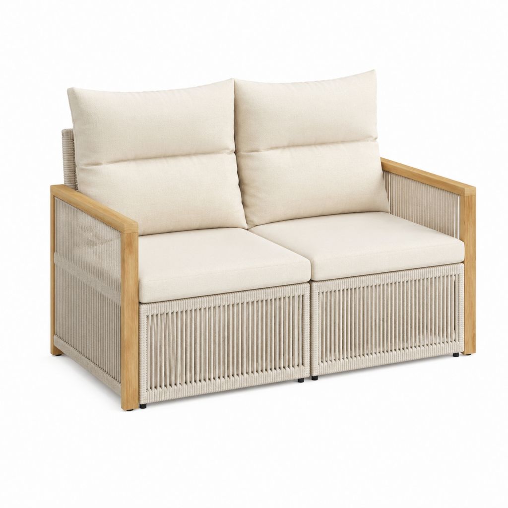 Canapé de jardin 2 places beige en acacia massif et corde PE 150 x 80 x 78 cm