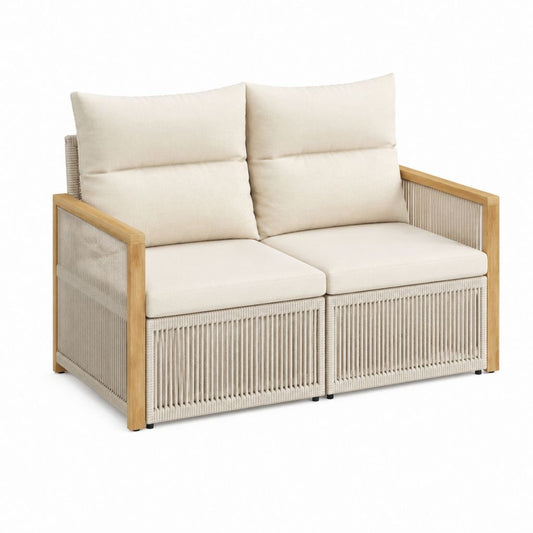 Canapé de jardin 2 places beige en acacia massif et corde PE 150 x 80 x 78 cm