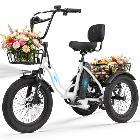 Tricycle électrique ESKUTE, UL2849, Adultes, Pliant à Enjambement Bas avec Batterie Amovible, Pneus Larges 18 Pouces x 3.0 Pouces, Blanc