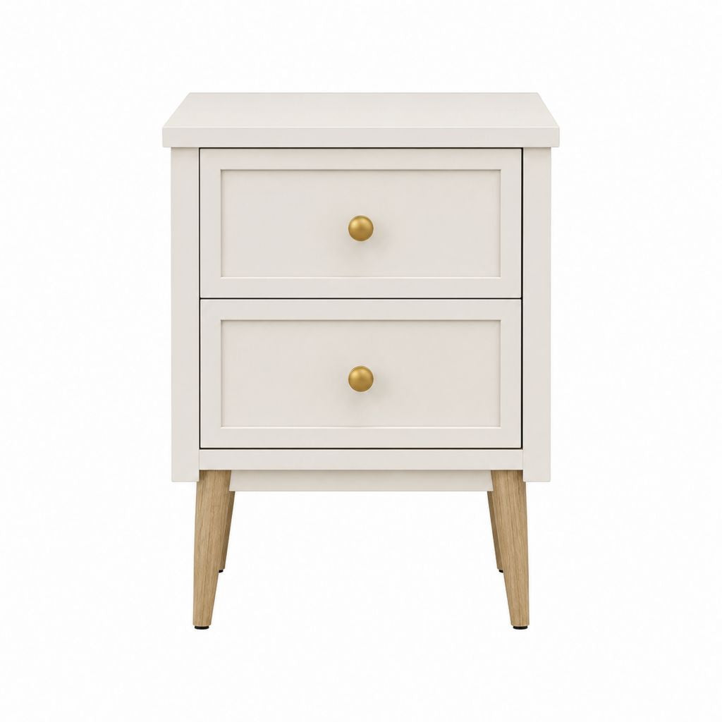 Table de chevet 2 tiroirs blanche en MDF et bois d'hévéa rectangulaire 45 x 35 x 60 cm