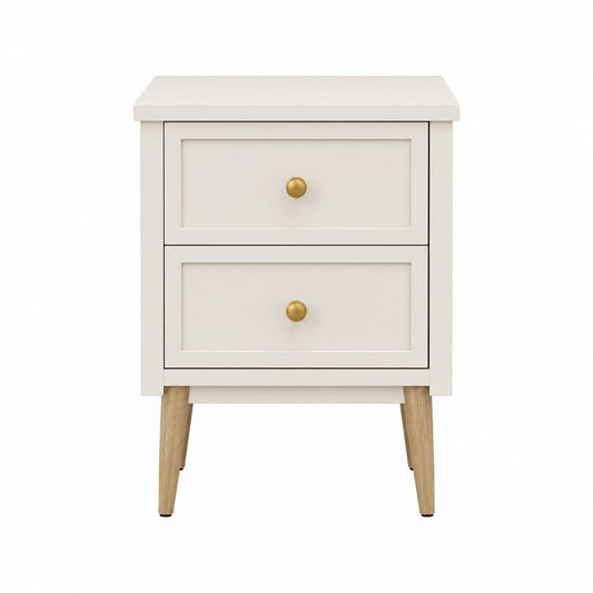 Table de chevet 2 tiroirs blanche en MDF et bois d'hévéa rectangulaire 45 x 35 x 60 cm