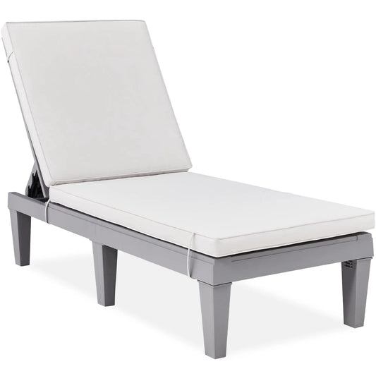 Chaise longue, 330 Lb, 5 Positions, d'extérieur, Chaise Longue de Patio en Résine, Coussin, Dossier Réglable, Gris/blanc Sable