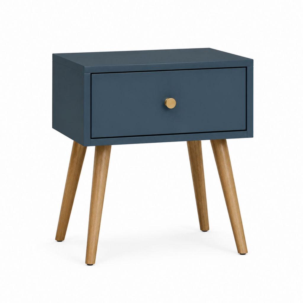 Table de chevet à tiroir bleu foncé en MDF et bois d’hévéa 40 x 35 x 60 cm