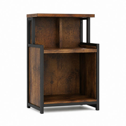 Table de chevet ouverte rectangulaire marron foncé et noire en panneaux de particules et acier 40 x 40 x 60 cm
