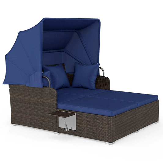 Lit, Coussins et Oreillers Doux 2 Plateaux Latéraux Pliants Bleu Marine, de Jour d'extérieur, Auvent Rétractable Lit de Soleil en Rotin PE