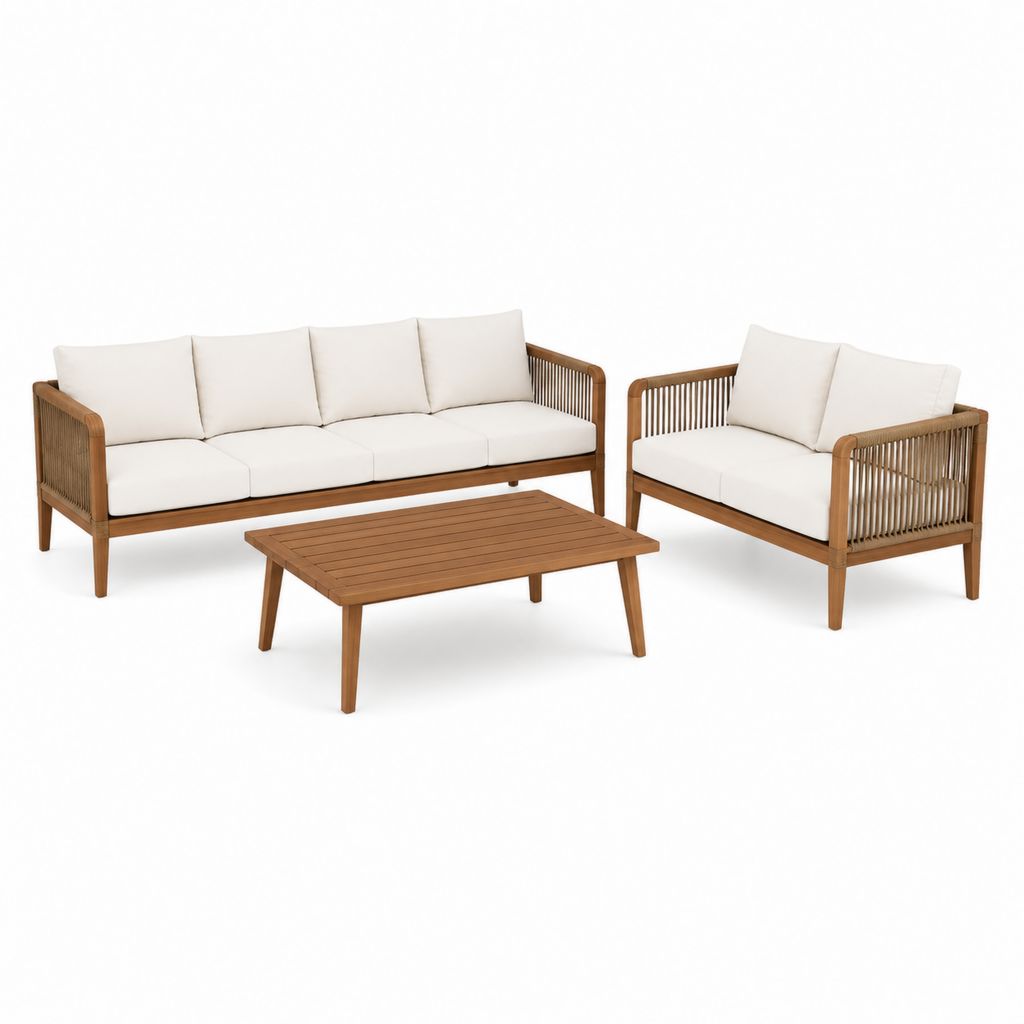 Salon de jardin 3 pièces en acacia massif brun avec coussins écrus canapé 3 places fauteuil et table basse 200 x 80 x 75 cm