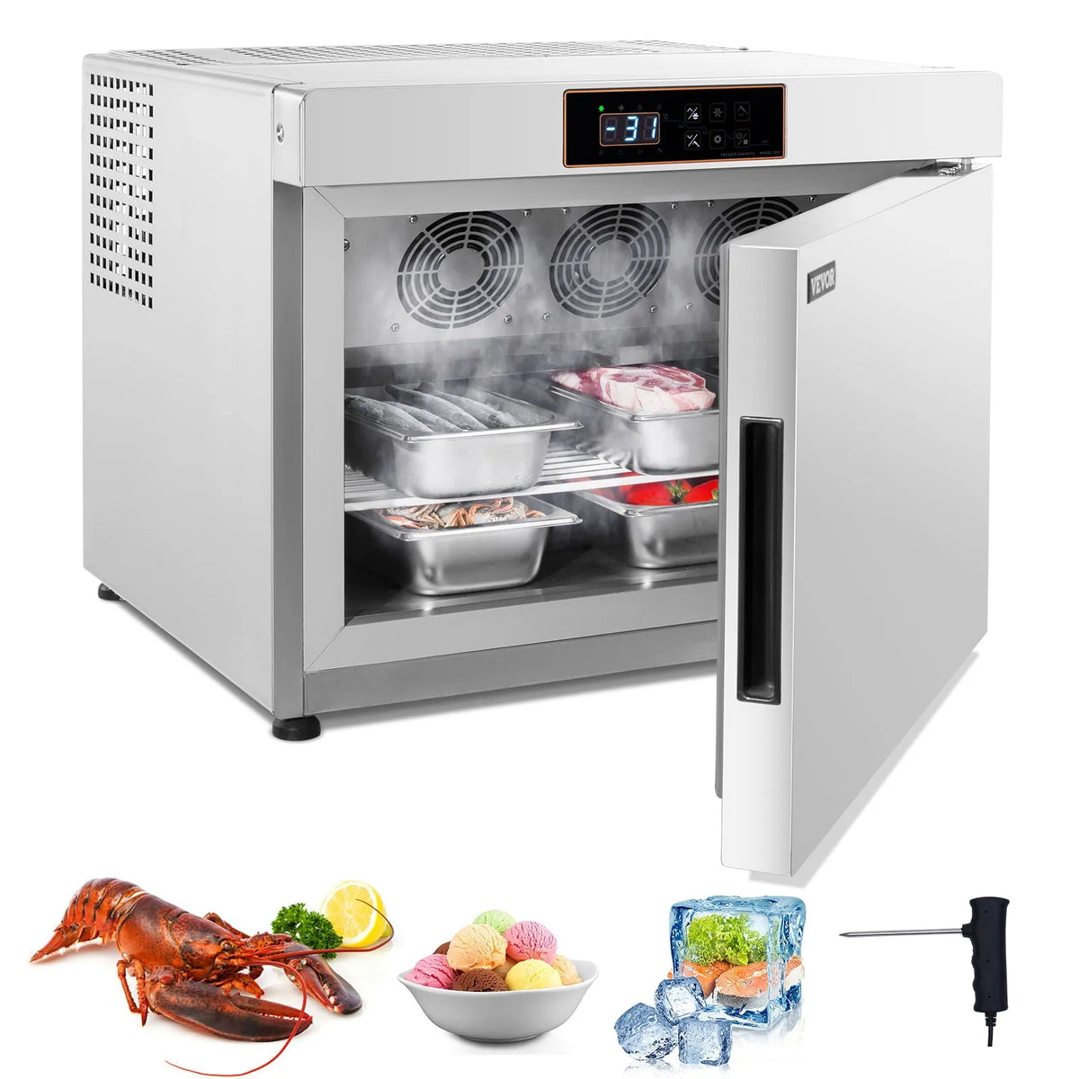 Congélateur VEVOR, Explosif Commercial 32 L 4 Plateaux Refroidisseur Explosif Coffre Crème Glacée aux Fruits de Mer