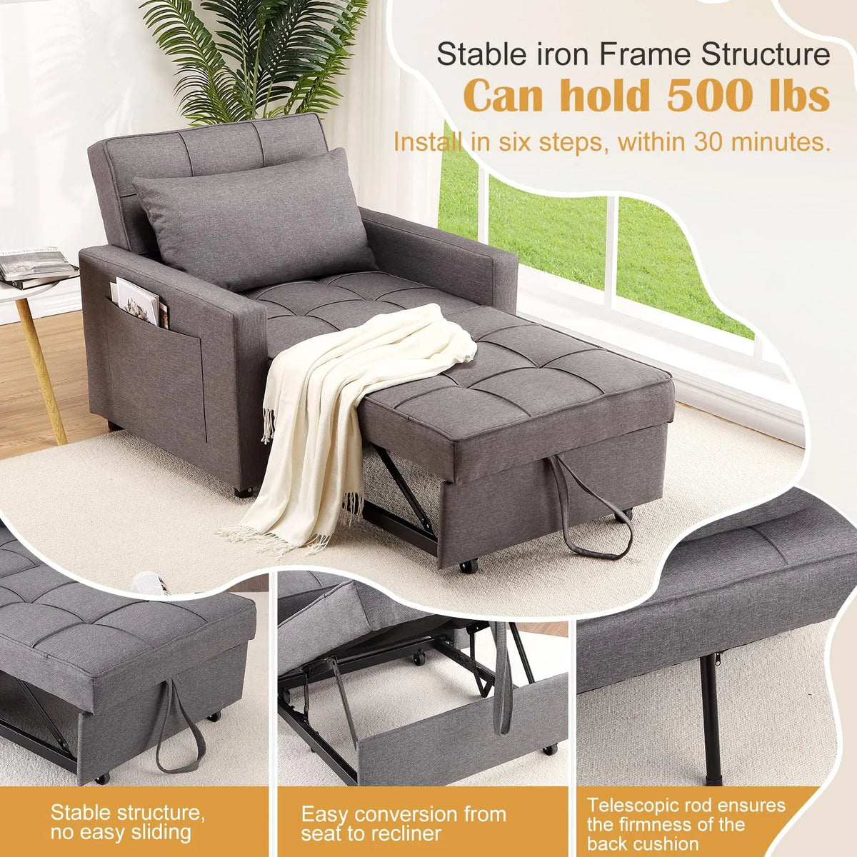 Canapé convertible, Fauteuil-lit Convertible 3-en-1,86x192 cm, Lin Moderne Gain de Place pour Salon Ou Chambre d'Amis, Gris Foncé, Divan Pliable