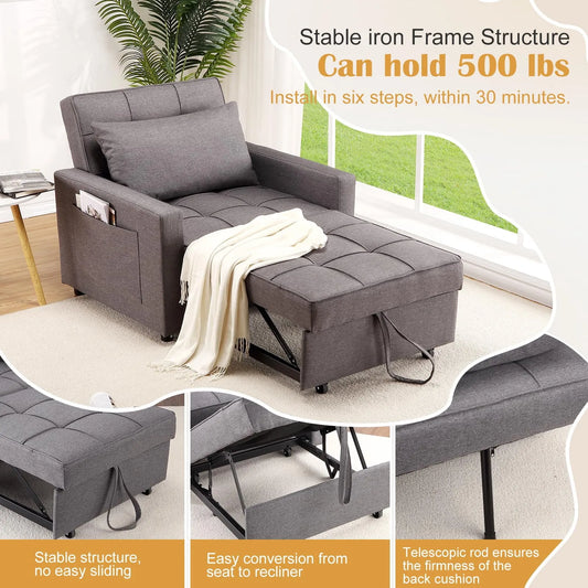 Canapé convertible, Fauteuil-lit Convertible 3-en-1,86x192 cm, Lin Moderne Gain de Place pour Salon Ou Chambre d'Amis, Gris Foncé, Divan Pliable