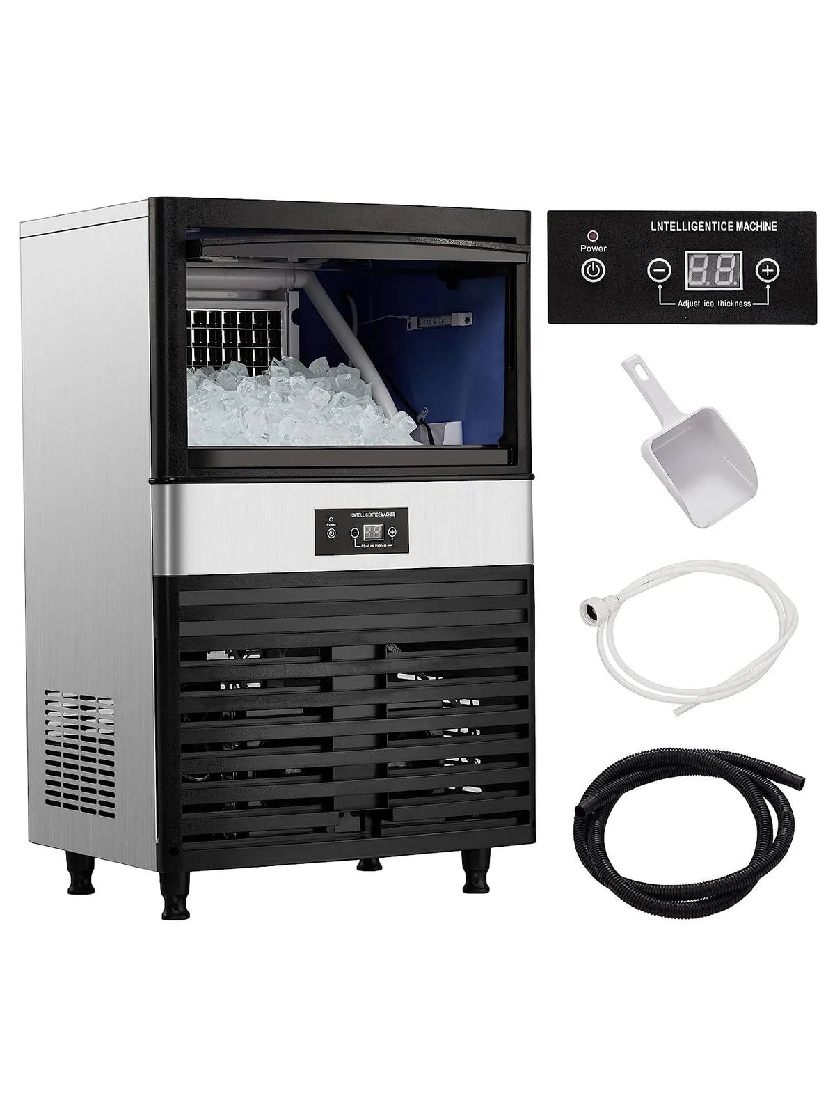 Machine à Glaçons en acier inoxydable sous Comptoir, Machine à Glaçons Commerciale 130 Lb/24 H, Capacité de Stockage de Glace 33 Lb, Machine à Glaçons