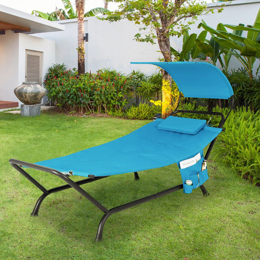 Chaise longue, Suspendue de Patio, Auvent, Coussin, Oreiller et Sac de Rangement Bleu