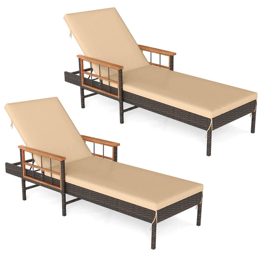 Chaise longue, Lot de 2 Chaises Longues de Patio en Rotin, d'extérieur Inclinable, Mélange Brun, Beige, Accoudoirs en Bois