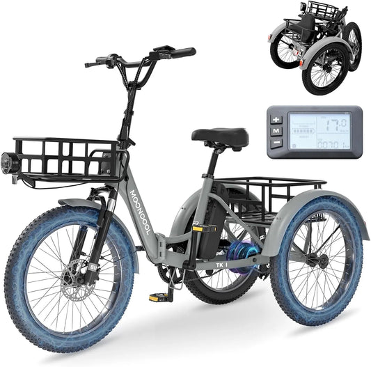 Tricycle électrique, 750W, 48V, à Pneus Surdimensionnés de 20 Pouces pour Adultes, Pliable avec Panier avant et Arrière