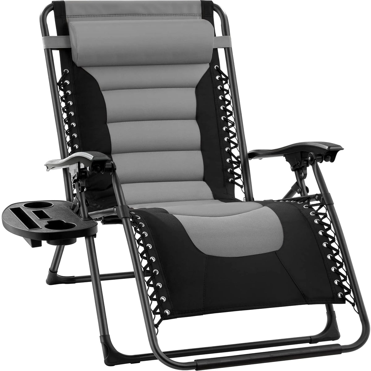 Chaise, Zero Gravity Surdimensionnée Rembourrée TG Pliable pour Patio Extérieur avec Appuie-Tête Porte-Gobelet Plateau Latéral Maille en Polyester