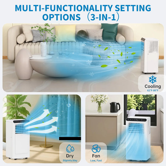 Climatiseur portable, 8000 BTU pour Pièces jusqu'à 350 Pi2, commande et Minuterie de 24 Heures, Refroidissement 3-en-1