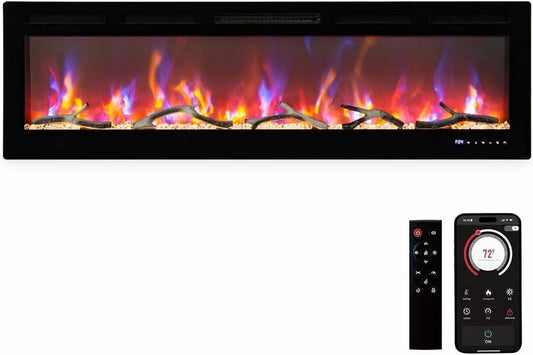 Smart TV W/1500, commande Wi‐Fi et Tactile 750 W, Foyer Électrique de 80 pouces Mural/encastré, Double Chaleur, Bûche, Décor en Cristal