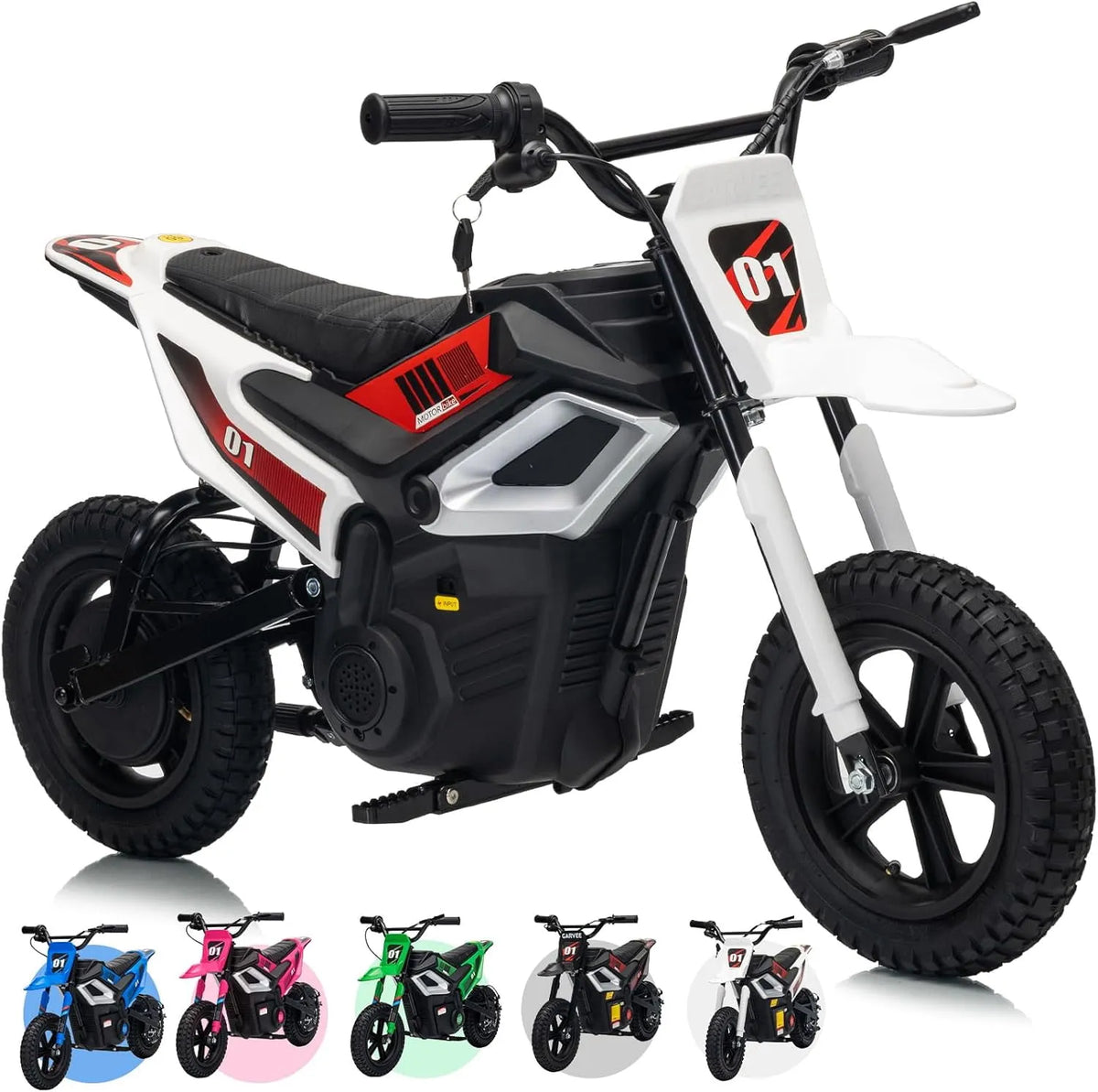 Moto, Tout-Terrain Électrique 24 V pour 10-12 Ans, Pneu Grand et Suspension, Blanc