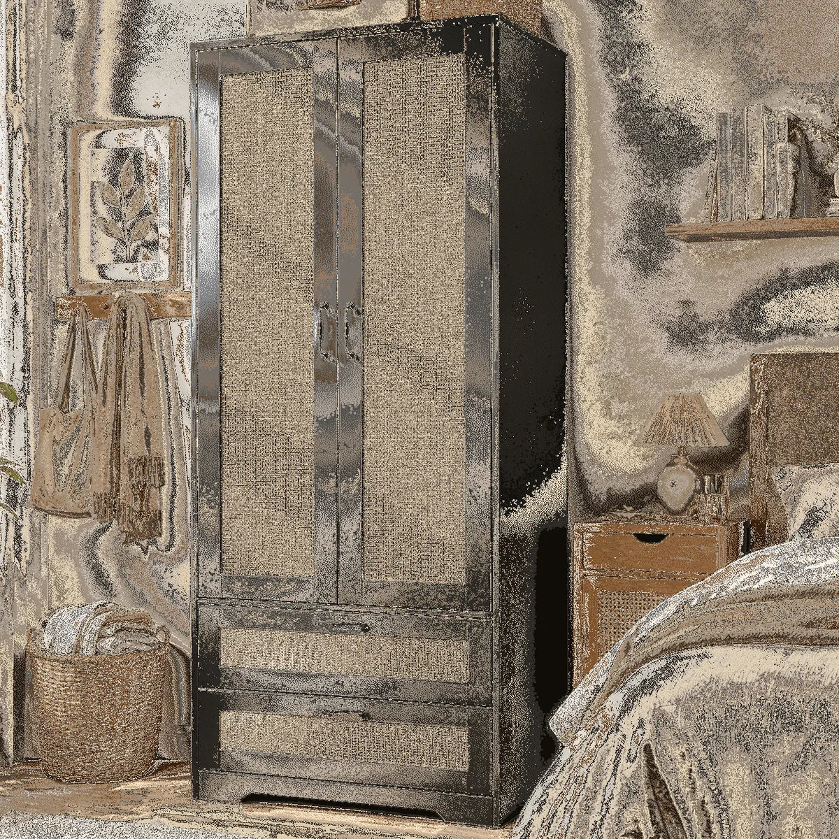 Armoire, Armoire de Rangement à 2 Portes en Rotin, 2 Grands Tiroirs, Garde-Robe, Armoire Haute Autoportante, Tringle pour Vêtements, Chambre, Linge