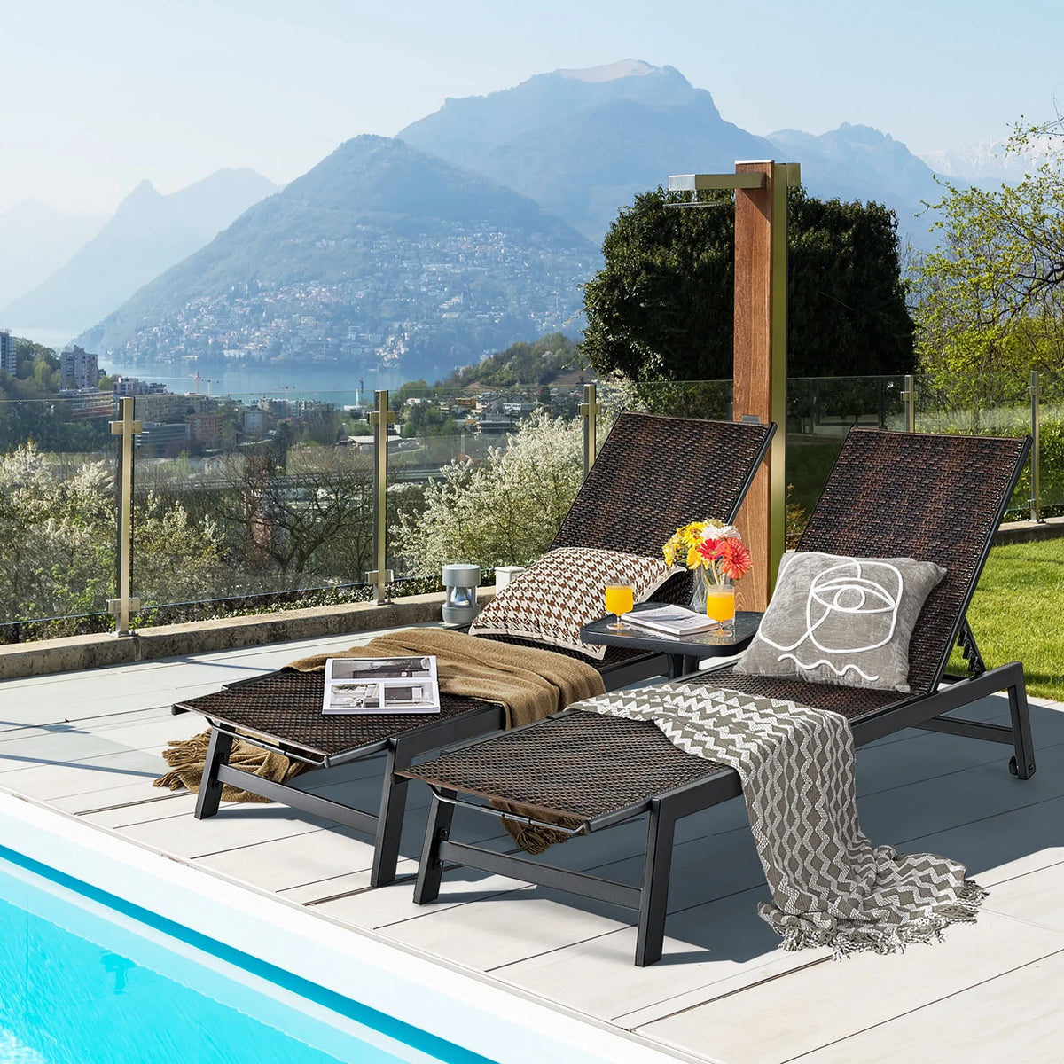 Fauteuil, Piscine hors terre, Dossier à 5 Niveaux, Lot de 2 s Longues de Patio en Rotin PE, Cour Arrière, Bord, Bord de Piscine