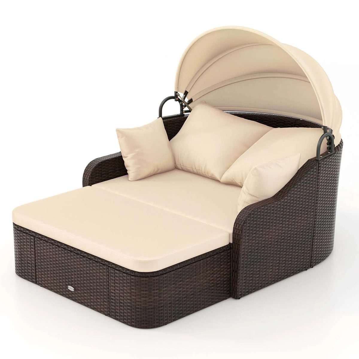 Lit, Jour en Rotin PE pour Patio, Auvent Rétractable, Coussins Doux et Oreillers Supplémentaires