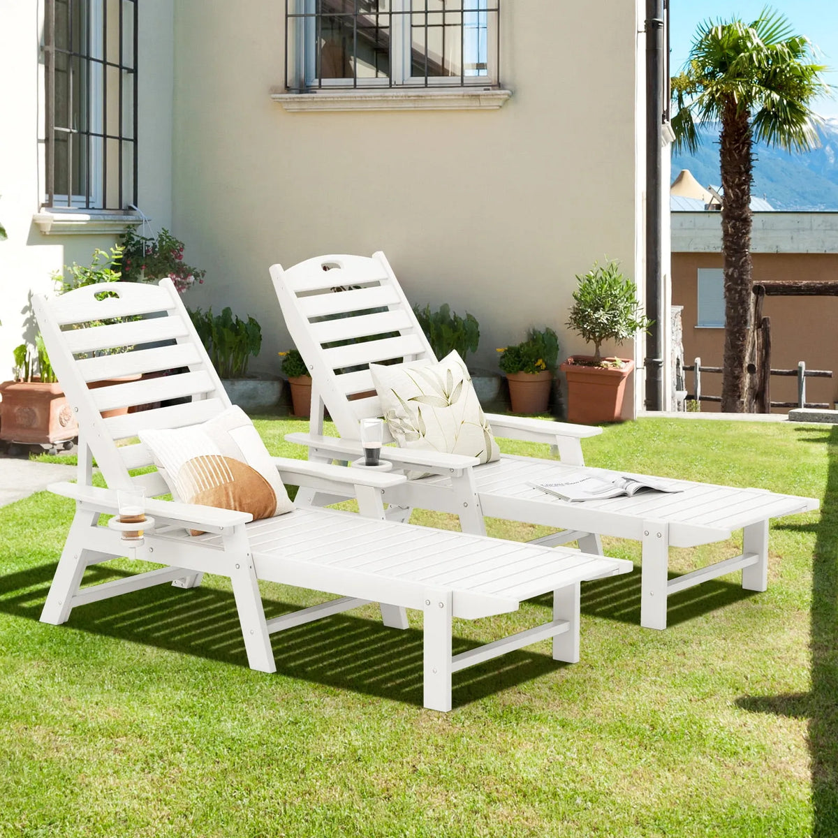 Chaise, Résistantes aux Intempéries, Lot de 2 s Longues de Patio Réglables, Porte-Gobelet, en HDPE
