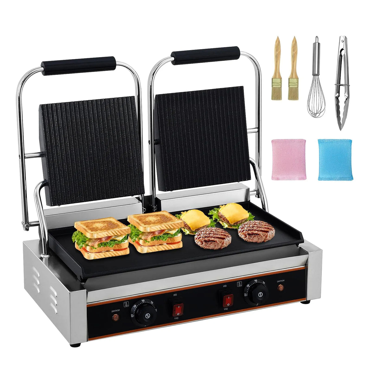 Barbecue, Plaques Rainurées 9 X 9 po et Plates, Panini Commercial 3600 W et Presse à Sandwich, Presse Électrique en acier inoxydable