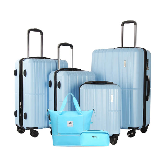 Ensemble de 6 Pcs, Ensemble de Bagages 4 Pcs ABS+PC Coque Rigide Extensible Cadenas TSA Chariot en Aluminium Roues Pivotantes Bleu Ciel