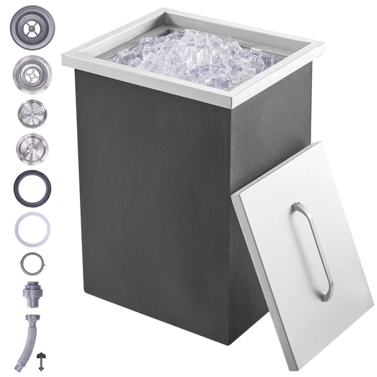 Dimensions: 14 pouces L x 12 pouces L x 18 pouces H, Capacité de 40 qt, Couvercle, Fabriqué en acier inoxydable, Bac de Rangement pour Glace